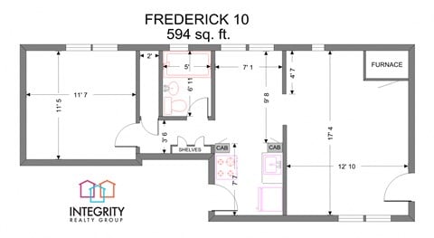 Floor plan for 1 bed, 1 bath, 599 sqft